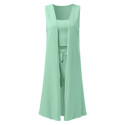 Solid Color 3 Piece Pants Set Casual Stretchy Ribbed Sleeveless Coat Vest And Shorts Suits