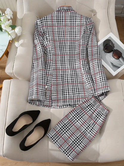 Women's Casual Two-Piece Suit Set, Long-Sleeved Flip-Top Double-Breasted Jacket and Mini Hip-Hugging Skirt
