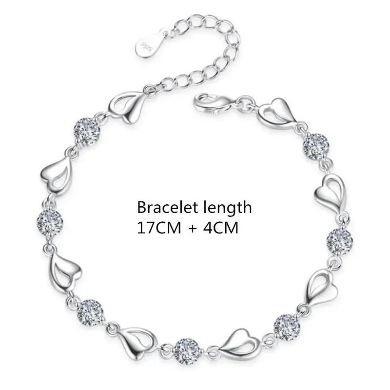 925 Sterling Silver Heart Shaped Necklace Bracelet Set Blue Crystal Bracelets