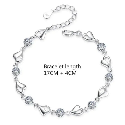 925 Sterling Silver Heart Shaped Necklace Bracelet Set Blue Crystal Bracelets