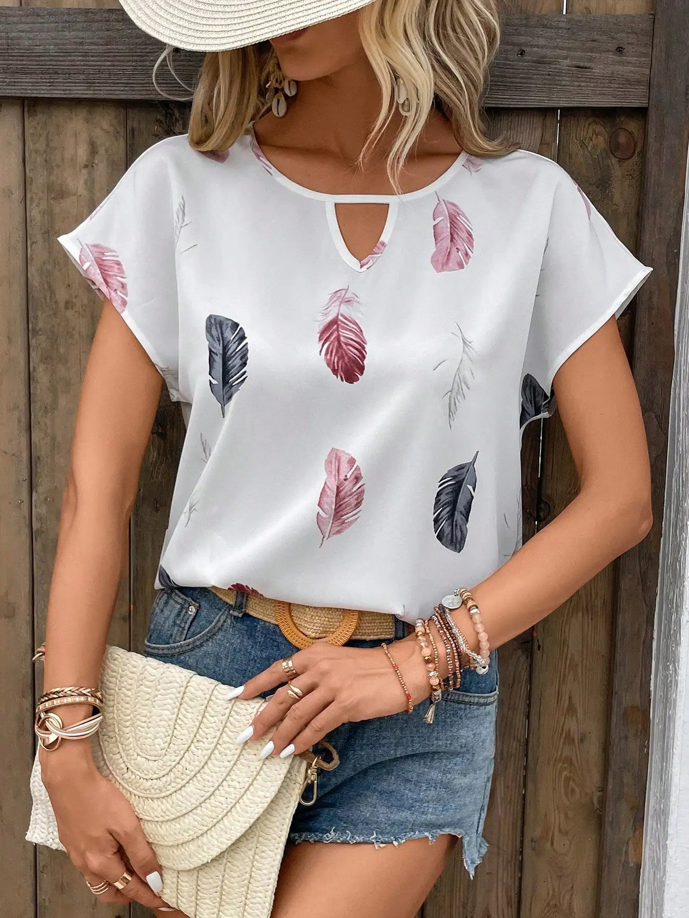 Women's Loose Feather Print Keyhole Neck Blouse, Summer Casual Top
