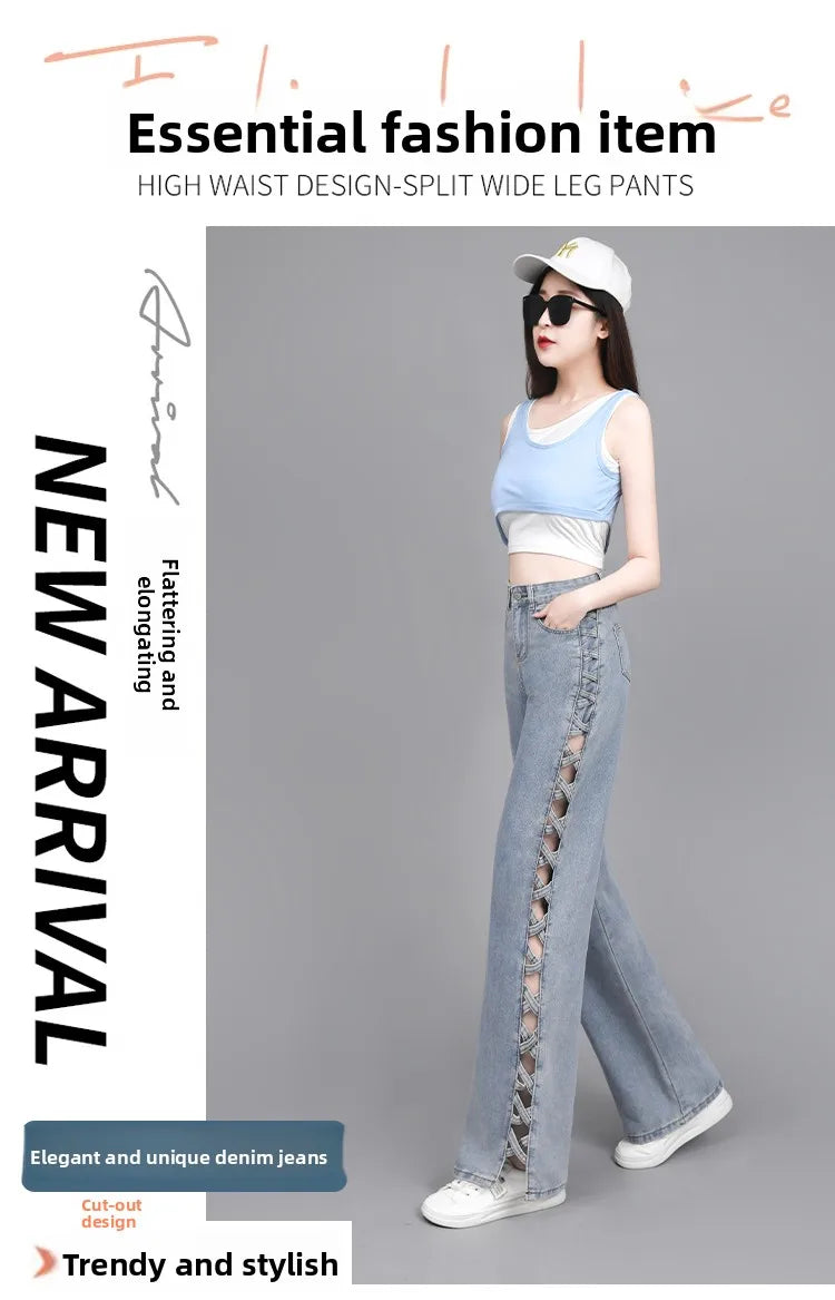 Hollow Wide Leg Jeans Casual Design Slimming High Waist
