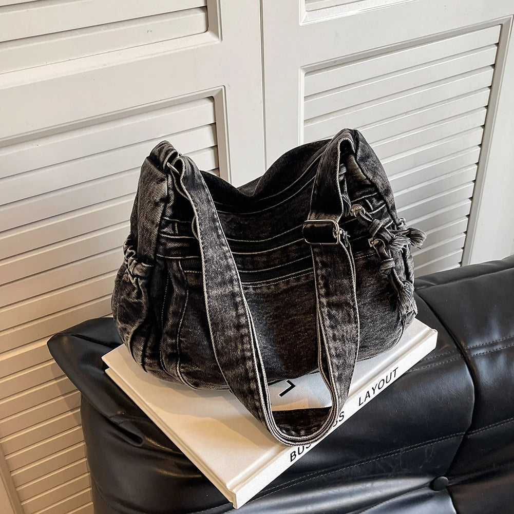 Women Casual Large Capacity Denim Messenger Bag Adjustable Strap