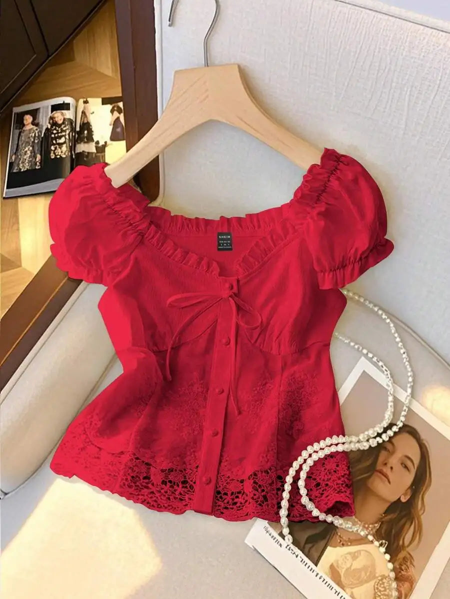 Women's Off-Shoulder Ruffled Lace Trim Cropped Blouse with Pearl Buttons