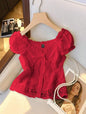 Women's Off-Shoulder Ruffled Lace Trim Cropped Blouse with Pearl Buttons