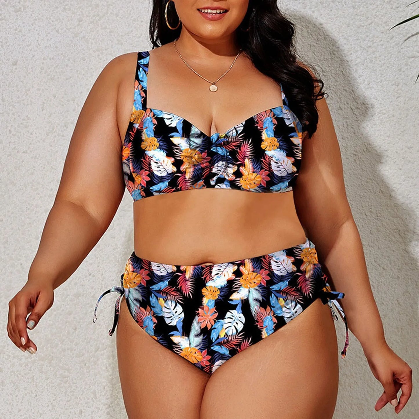 2024 Fashion Plus Size Bikinis New Floral Print Ruffle Two Pieces Swimwear
