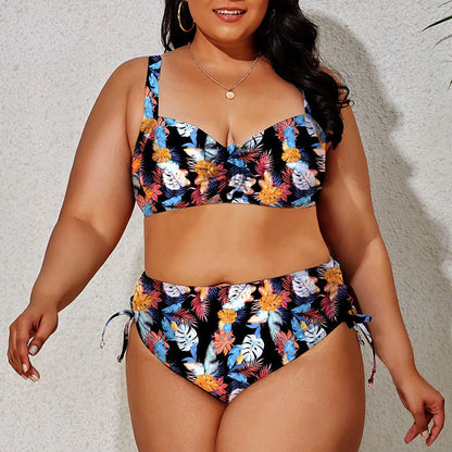 2024 Fashion Plus Size Bikinis New Floral Print Ruffle Two Pieces Swimwear