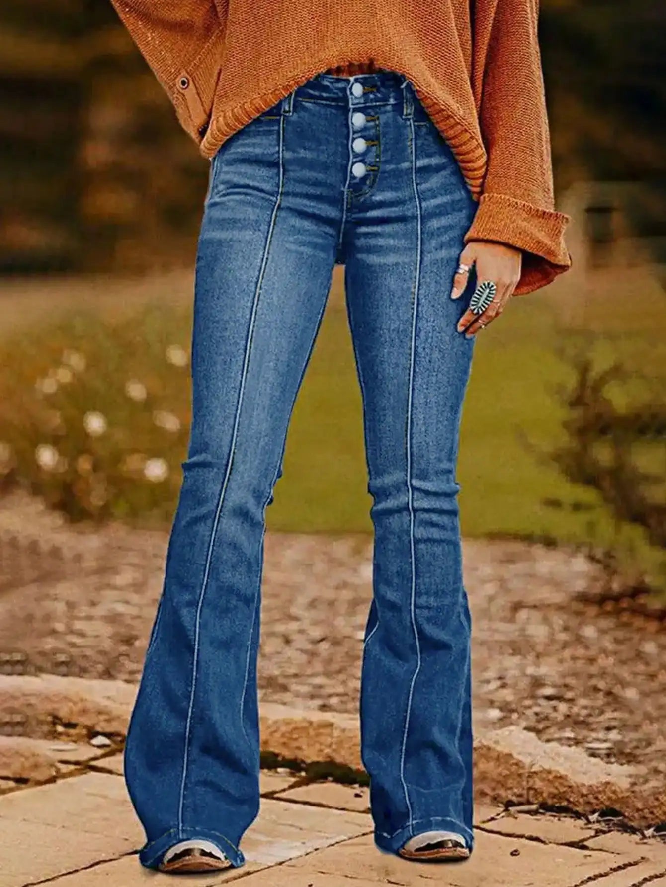 New Vintage High Waist Button Flare Jeans Slim Fit