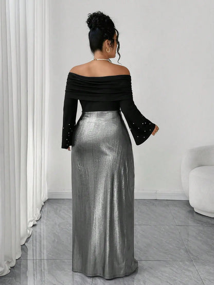 Elegant Off Shoulder Long Sleeve Maxi Dress with Pearl Waist Detail, Silver Black Contrast