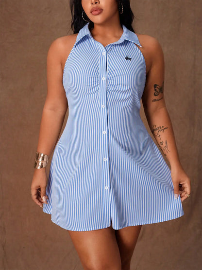 Plus Size Sleeveless Striped Button-Front Shirt Dress with Collar - Casual A-Line Mini Dress