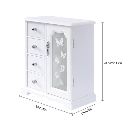 Jewelry Box with 4 Drawers Organizer and Built-in Necklace Carousel and Large Mirror, Jewelry Storage Box White