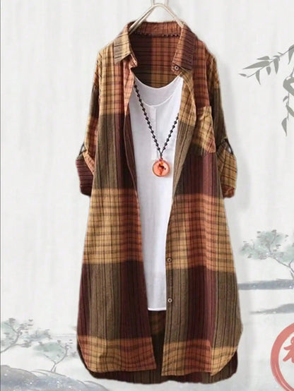 Plus Size Casual Retro Midi Women's Striped Plaid Loose Long Sleeve