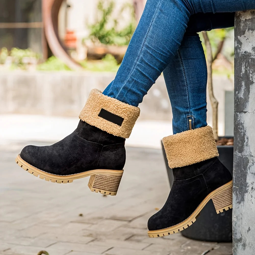 Winter Faux Fur Snow Boots For Women Platform Block Chunky Heels Pull On