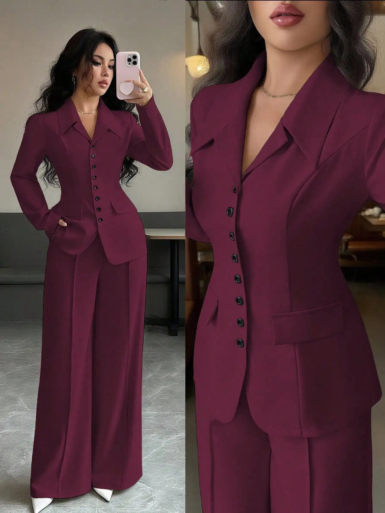 Cream Solid Color Tailored Blazer & Wide Leg Pants 2-Piece Set, V-Neck, Contrast Buttons,