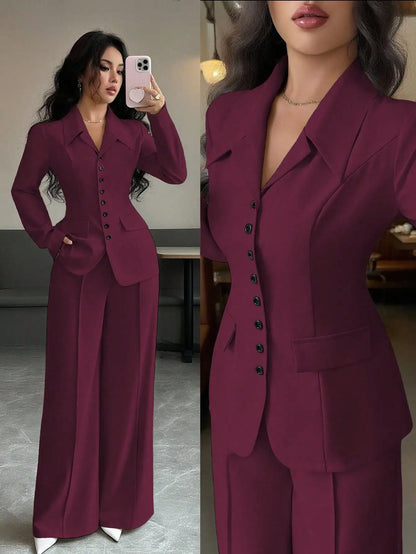 Cream Solid Color Tailored Blazer & Wide Leg Pants 2-Piece Set, V-Neck, Contrast Buttons,