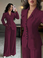 Cream Solid Color Tailored Blazer & Wide Leg Pants 2-Piece Set, V-Neck, Contrast Buttons,