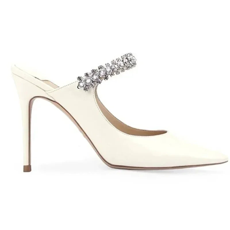 2025 New Fashionable Fine Heeled Muller Shoes with Pointed Water Diamond Chain Banquet