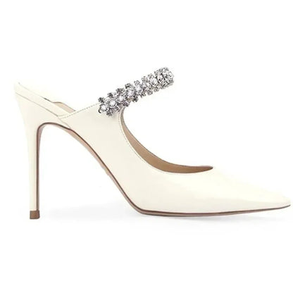 2025 New Fashionable Fine Heeled Muller Shoes with Pointed Water Diamond Chain Banquet