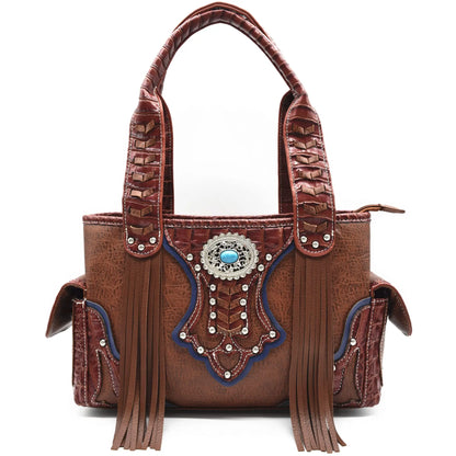 Western Style Cowgirl Woven Fringe Crocodile Gorgeous Purse Conchos Women Handbag Shoulder Bags Wallet Set
