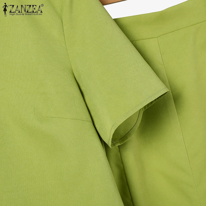 ZANZEA Fashion 2PCS Women Summer Dress Set Short Sleeve Blouse Sundress Casual Solid Outfits