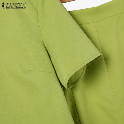 ZANZEA Fashion 2PCS Women Summer Dress Set Short Sleeve Blouse Sundress Casual Solid Outfits