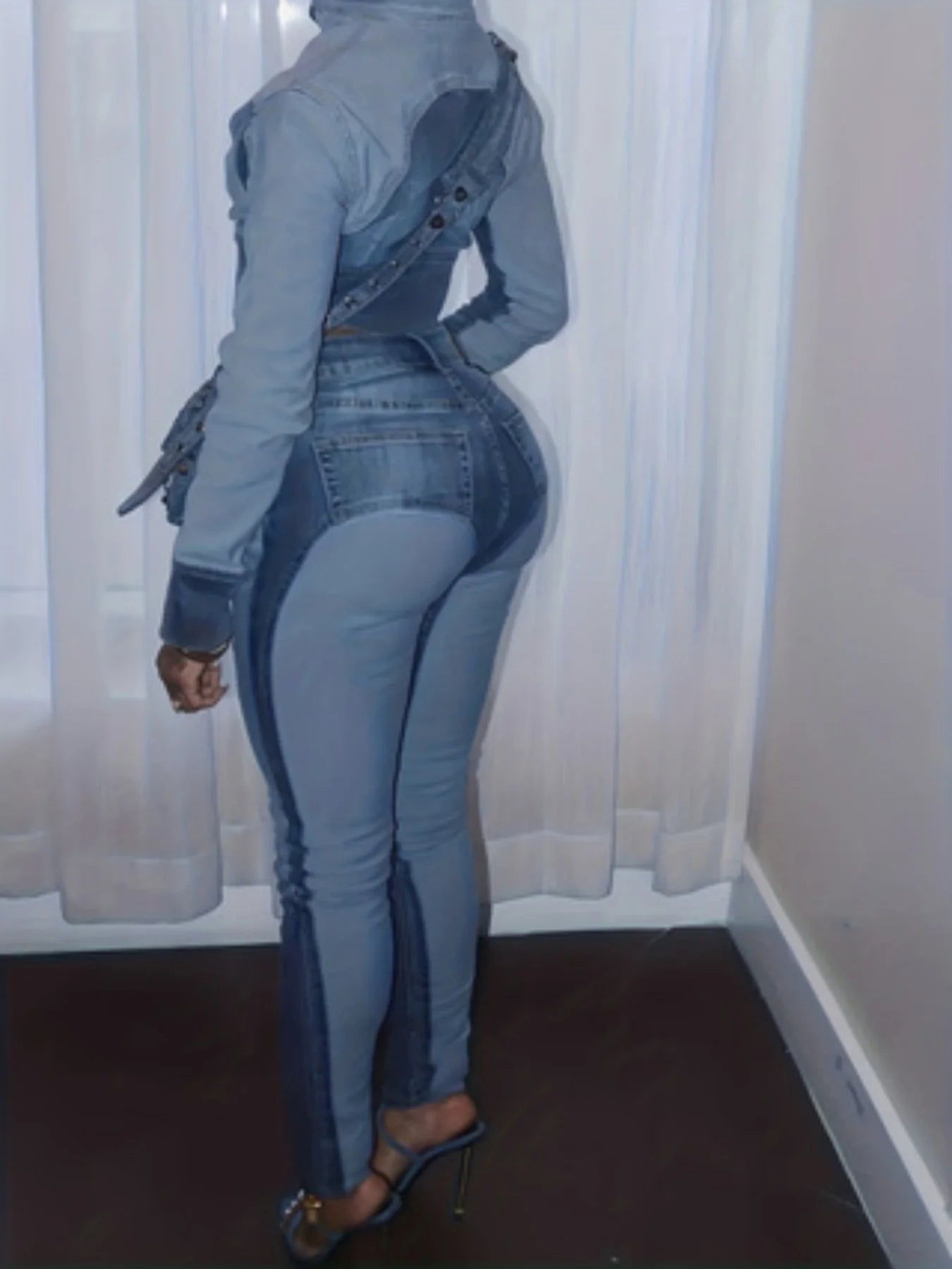 Denim Two-Piece Set, High Elasticity Fabric, Slim Fit Design, Features a Mock Lapel Top and Tailored Pants
