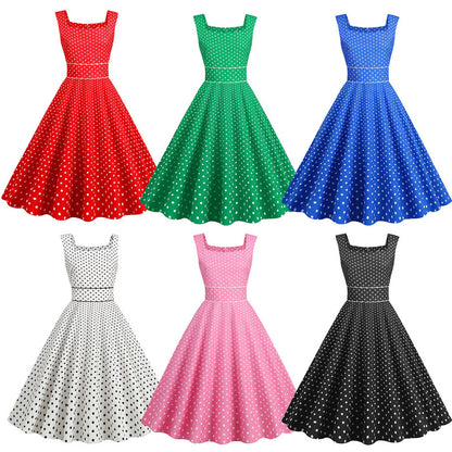 Women Vintage 1950s Retro Dress Sleeveless Dot Print Square Neck Waist In A-Line