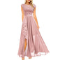 Elegant Women Sleeveless Long Evening Dress With Belt Slit Ruffles