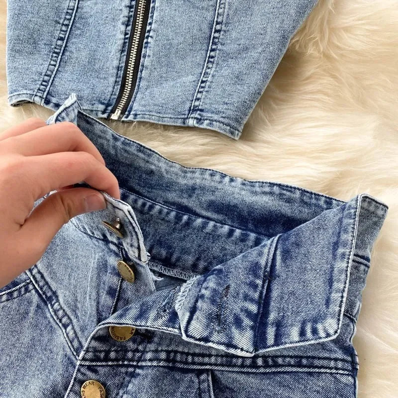 denim 2 piece outfits summer top and skirt