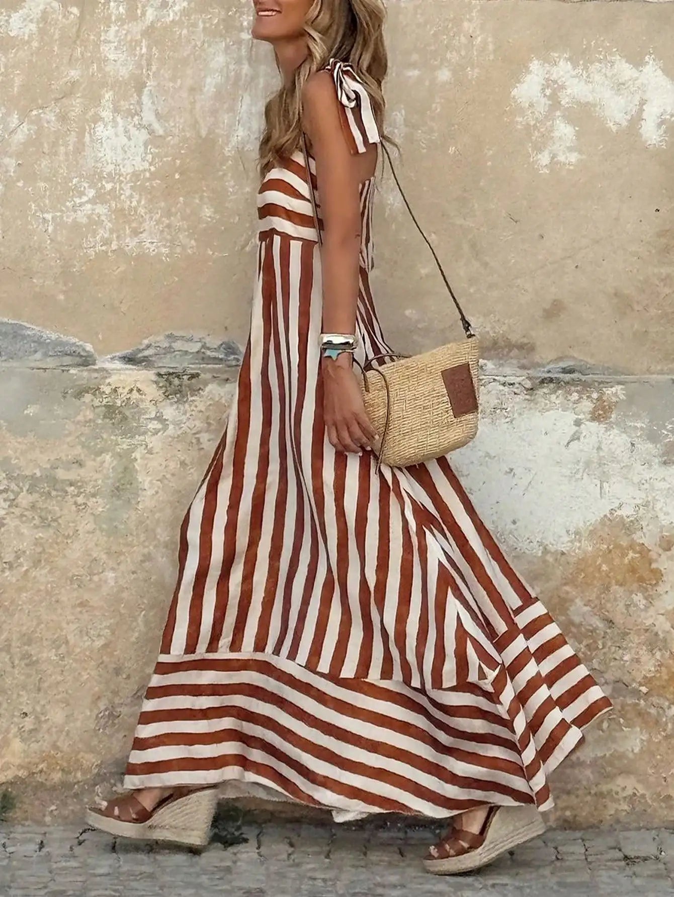 Striped Sleeveless A-Line Maxi Dress for Women, Boho Summer Casual Dress