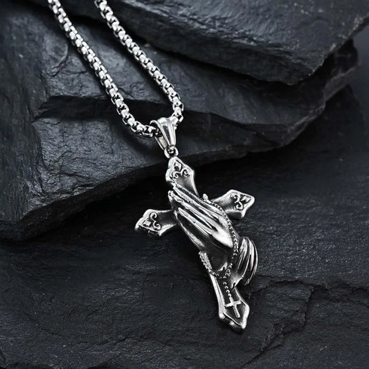 Praying Hands Necklace Black Stainless Steel Cross Box Chain