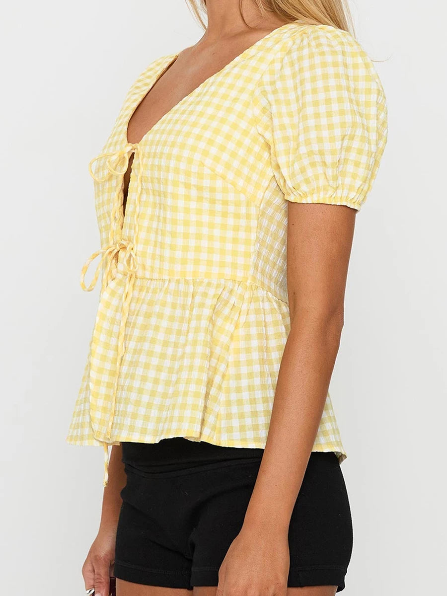 Women s Plaid Print Tie-Front Blouse with Short Sleeves and V-Neckline