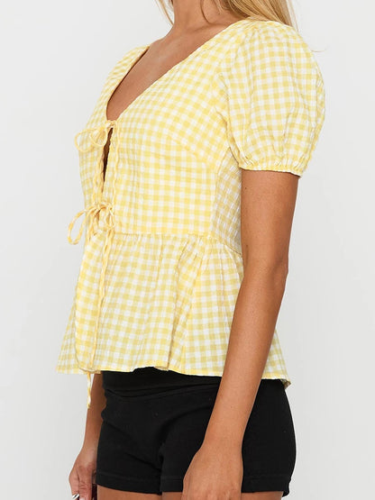 Women s Plaid Print Tie-Front Blouse with Short Sleeves and V-Neckline