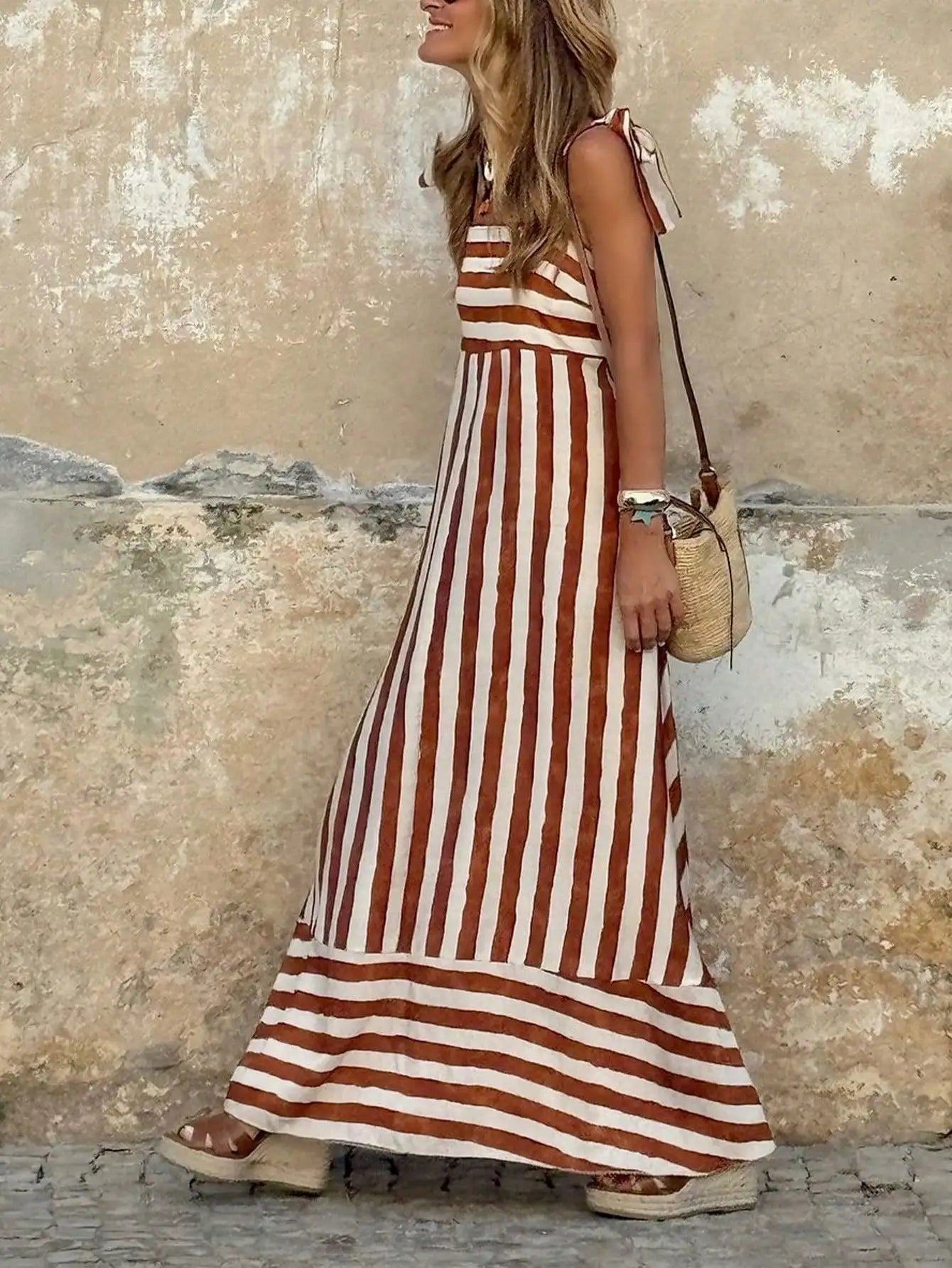 Striped Sleeveless A-Line Maxi Dress for Women, Boho Summer Casual Dress