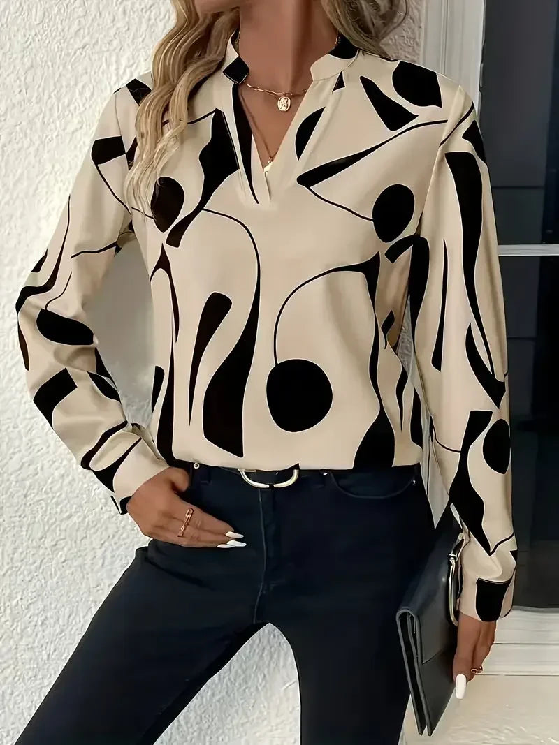 Plus Size Autumn New Women's Casual Graphic Print Notched Neck Blouse