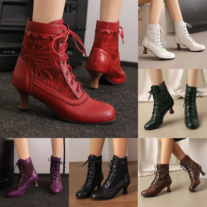 Women's Fashionable Classic Low Heel Ankle Boots Wicker Wedges Lace Color Blocked
