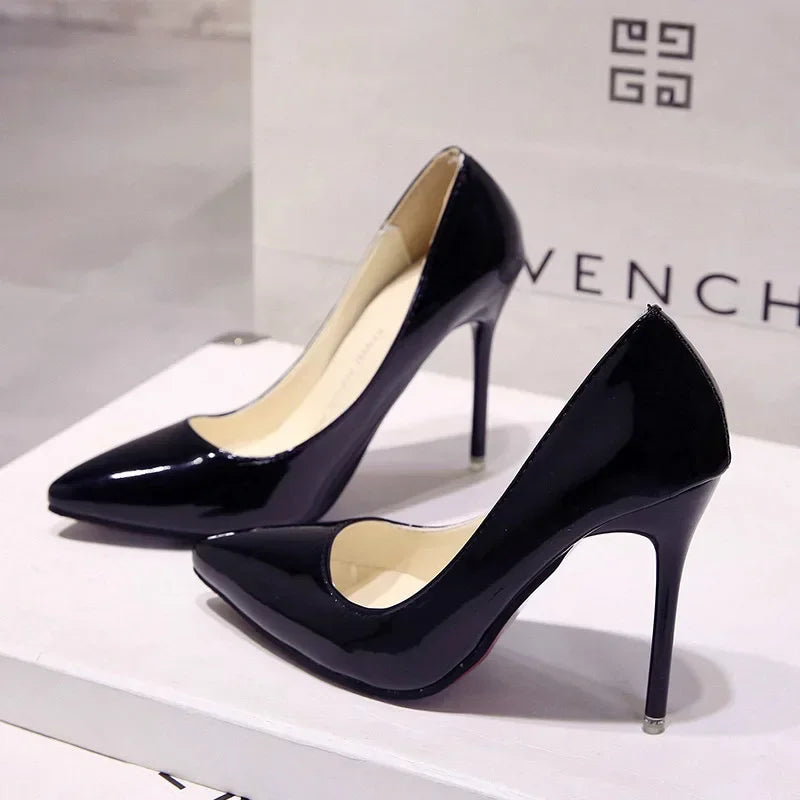 Nude Pumps Patent Leather Sexy Pointed Toe Thin Heel