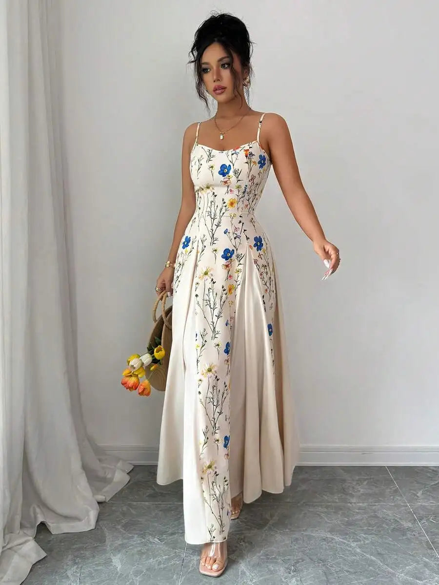 Elegant Cream Floral Print Sleeveless Maxi Dress for Spring Summer