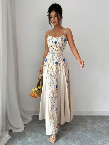 Elegant Cream Floral Print Sleeveless Maxi Dress for Spring Summer