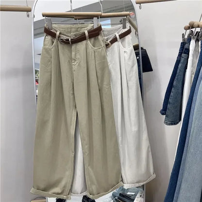 Khaki Color Women's High Waist Straight Leg Jeans Pear Shape Body Slimming Harlan Wide Leg Pant