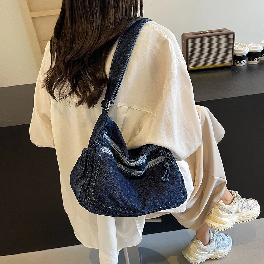 Women Casual Large Capacity Denim Messenger Bag Adjustable Strap