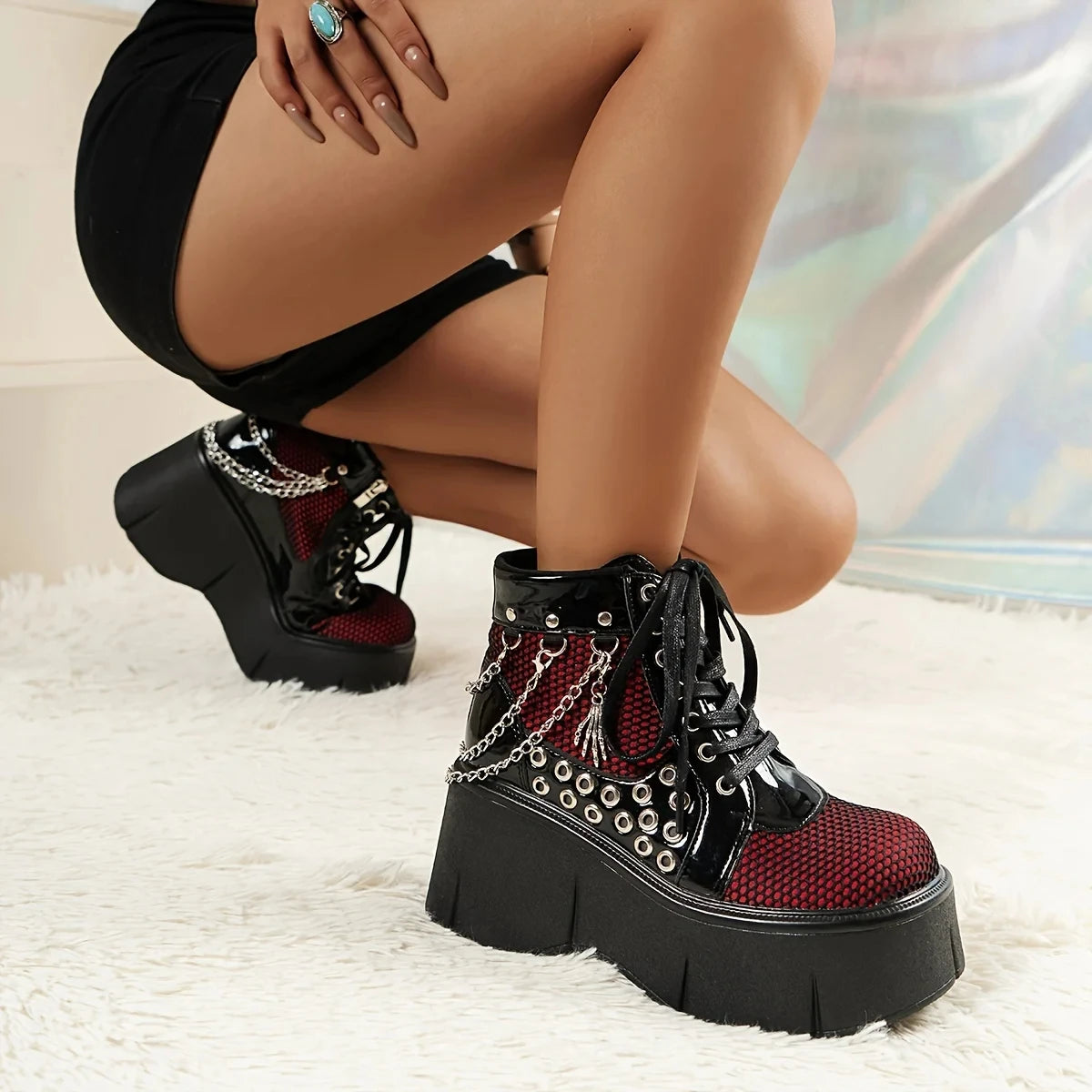 Women's Y2K Punk Goth Platform Ankle Boots, chains around heal, Hole Wedge High Heels