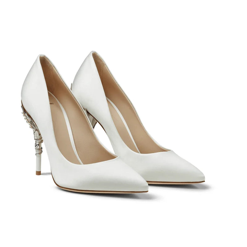 Luxury Leaves Metal Heel Women Shoes Pointed Toe Blue White Pink Black Silk Stiletto High Heels