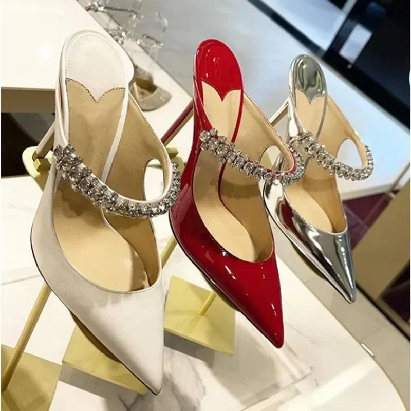 2025 New Fashionable Fine Heeled Muller Shoes with Pointed Water Diamond Chain Banquet