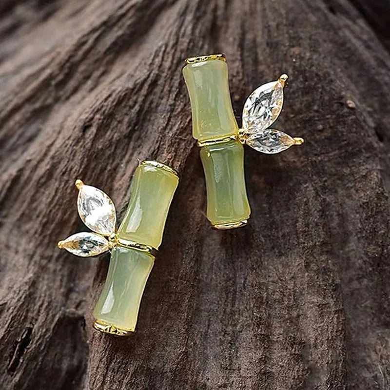 Vintage Ethnic Style Imitation Jade Bamboo Crystal Stud Earrings