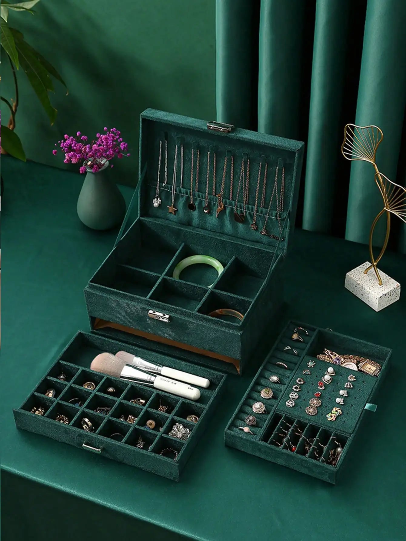Luxury Dark Green Multi-Layer Jewelry Box