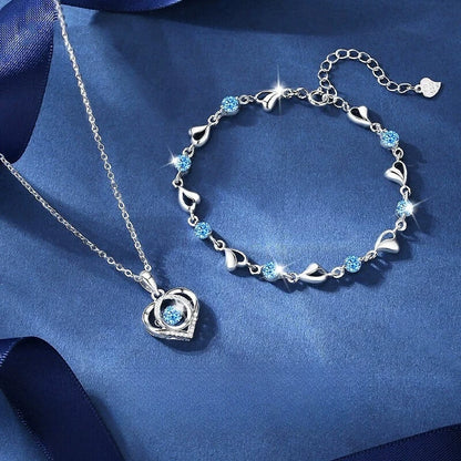 925 Sterling Silver Heart Shaped Necklace Bracelet Set Blue Crystal Bracelets
