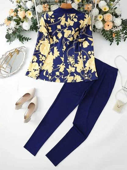 Women's Business and Leisure Two-Piece Suit Set, Solid Color Long-Sleeved Double-Breasted Suit Jacket and Floral Printed High-Waisted Skirt
