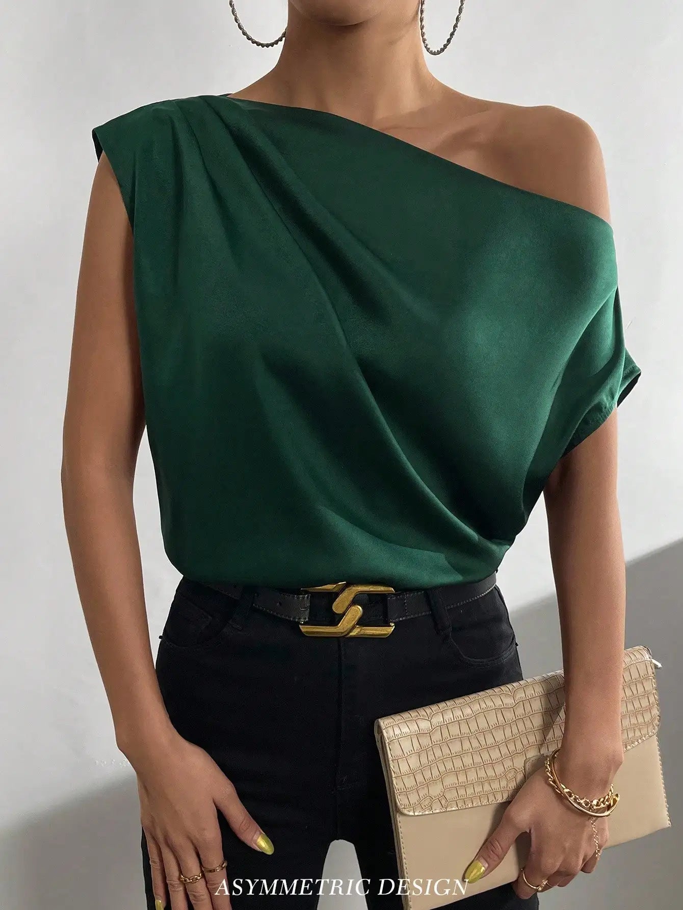 One Shoulder Satin Blouse with Asymmetrical Neckline, Solid Color Women's Top