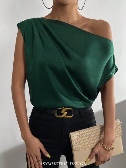 One Shoulder Satin Blouse with Asymmetrical Neckline, Solid Color Women's Top